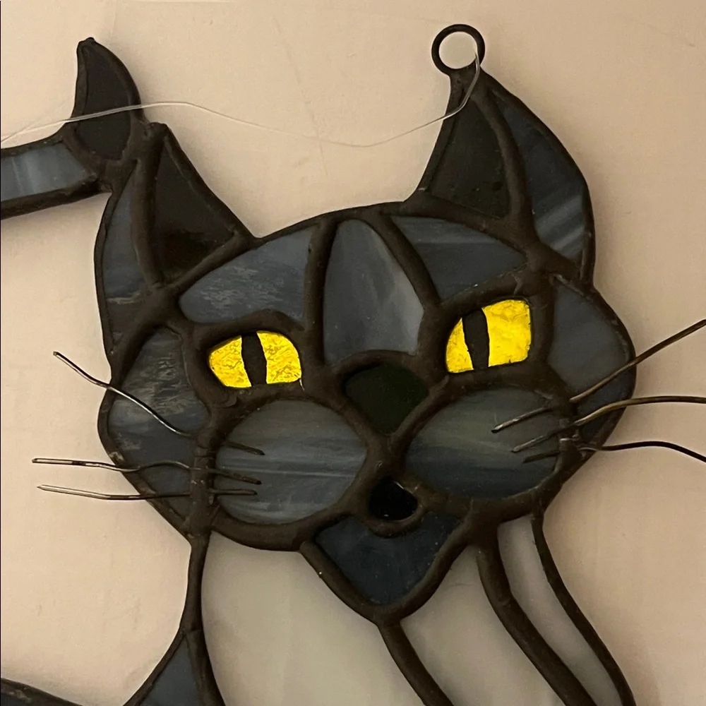 Stained Glass Cat Suncatcher - Blue, Black and Gray